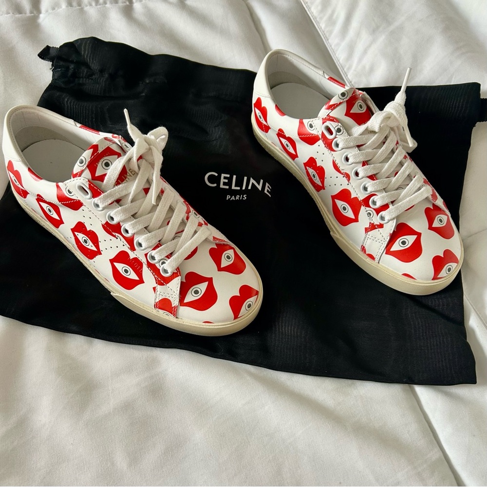 New with box & bag , 
Celine Red and White Eye Print Sneakers